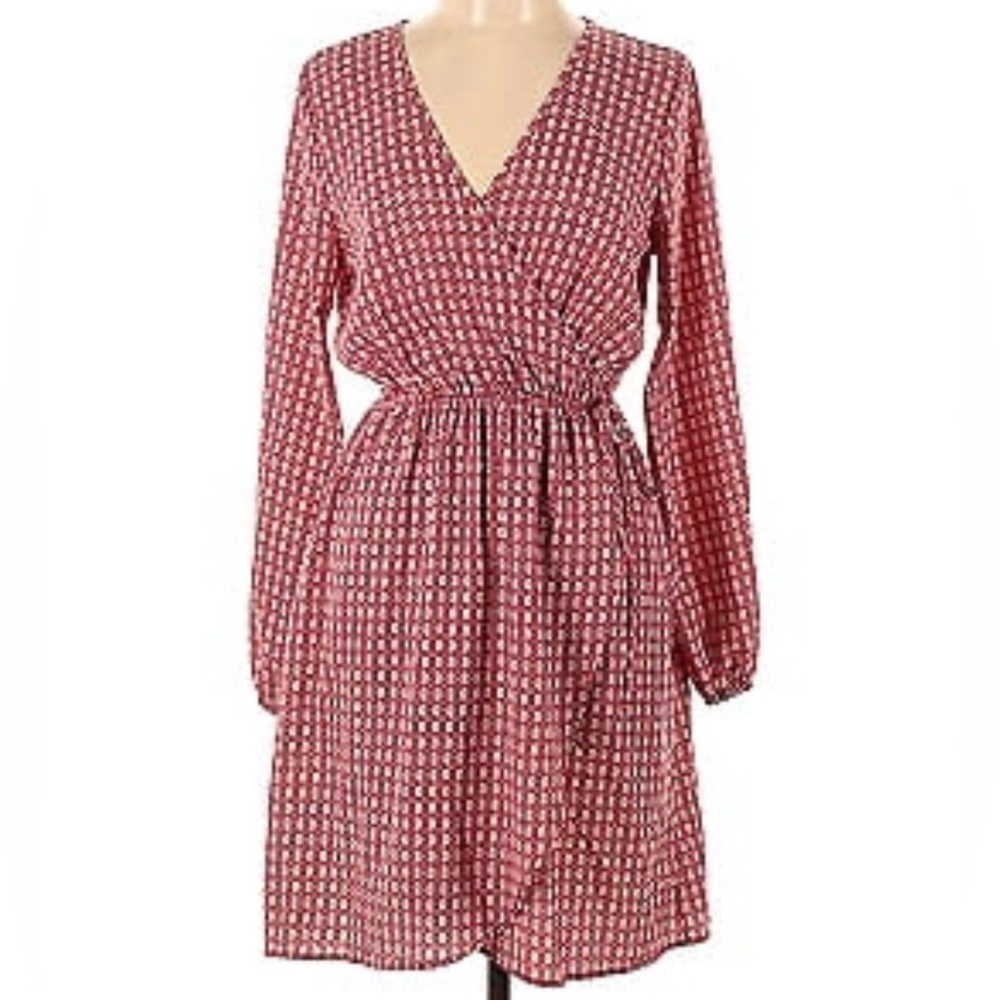Faux Wrap ModCloth Dress Rust Red Print Long Balloon Sleeves by Fervour Small
